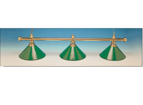 lampara evergreen para mesa de billar, 3 pantallas, en aluminio dorado y pantallas esmaltadas en color verde, longitud 145 cm. (instalación eléctrica de la pantalla incluida)