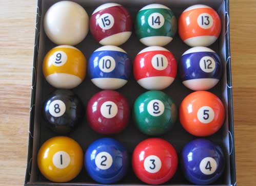 - juego bolas de billar americano, pool, estandar,  diámetro 57,2mm, bola blanca de diámetro 60.3mm