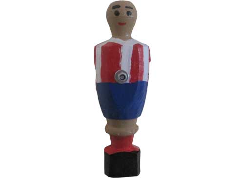 jugador, muñeco, de futbolín, de madera, pintado a mano, rojiblanco, altura 119 mm, con imán de neodimio para pegar en superficies metálicas ferromagnéticas