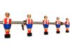 Percha, colgador, de 5 muñecos, jugadores de futbolín, de madera pintados a mano rojiblancos, munecos originales del futbolín tipo madrileño. Barra maciza cromada de 50 cms.