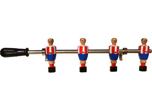Percha, colgador, de 4 muñecos, jugadores de futbolín, de madera pintados a mano  rojiblancos, munecos originales del futbolín tipo madrileño, con puño de goma negro. Barra maciza cromada de 50
