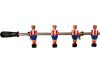 Percha, colgador, de 4 muñecos, jugadores de futbolín, de madera pintados a mano  rojiblancos, munecos originales del futbolín tipo madrileño, con puño de goma negro. Barra maciza cromada de 50