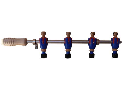 Percha, colgador, de 4 muñecos, jugadores de futbolín, de madera pintados a mano azulgranas, munecos originales del futbolín tipo madrileño, con puño de madera. Barra maciza cromada de 50 cms.
