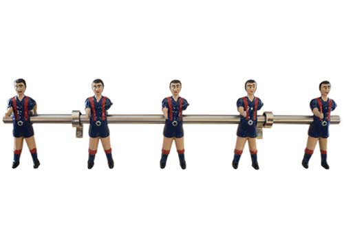 Percha, colgador, de 5 muñecos, jugadores de futbolín, de metal,  pintados  azulgranas, munecos originales del futbolín tipo cataluña, brazos desmontables. Barra maciza cromada de 50 cms.