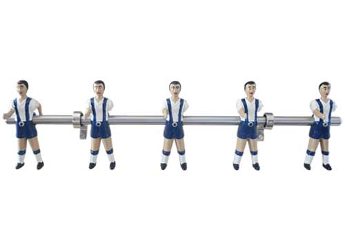 Percha, colgador, de 5 muñecos, jugadores de futbolín, de metal,  pintados  blanquizalues, munecos originales del futbolín tipo cataluña, brazos desmontables. Barra maciza cromada de 50 cms.