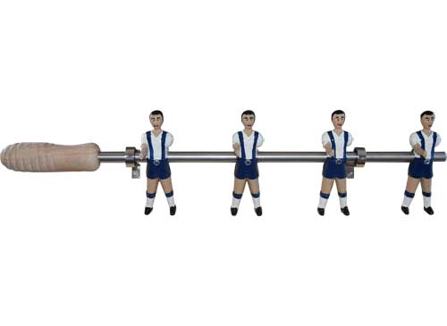 Percha, colgador, de 4 muñecos, jugadores de futbolín, de metal, pintados blanquiazules, munecos originales del futbolín tipo cataluña, brazos desmontables, con puño de madera. Barra maciza crom