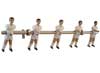 Percha, colgador, de 5 muñecos, jugadores de futbolín, de metal,  pintados  blancos, munecos originales del futbolín tipo cataluña, brazos desmontables. Barra maciza cromada de 50 cms.