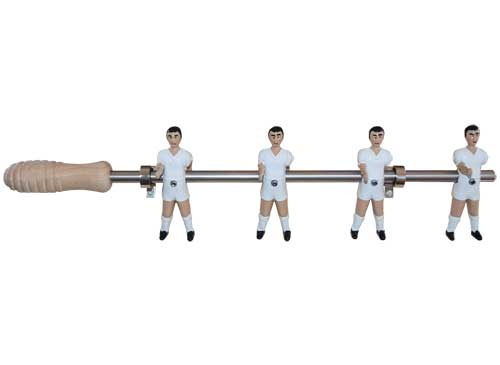 Percha, colgador, de 4 muñecos, jugadores de futbolín, de metal, pintados blancos, munecos originales del futbolín tipo cataluña, brazos desmontables, con puño de madera. Barra maciza cromada de