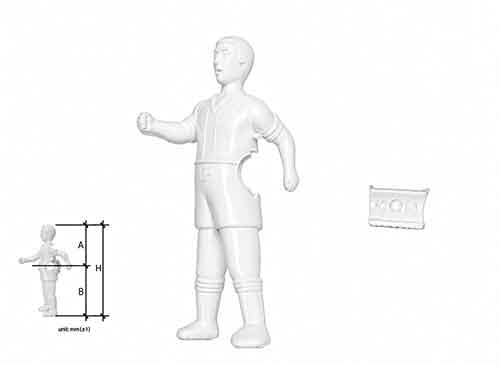 jugador, muñeco, aluminio, pintado blanco, cataluña, cordoba, medidas A= 61 mm, B= 75 mm, H= 136 mm