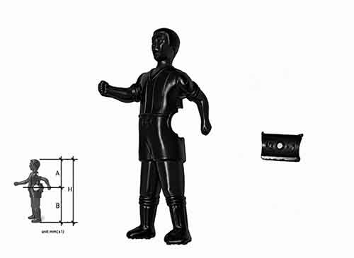 jugador, muñeco, aluminio, pintado negro, cataluña, cordoba, medidas A= 61 mm, B= 75 mm, H= 136 mm
