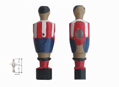jugador, muñeco, de futbolín, madera, pasador, rojiblanco, estándar, medidas A= 48 mm, B= 71 mm, H= 119 mm