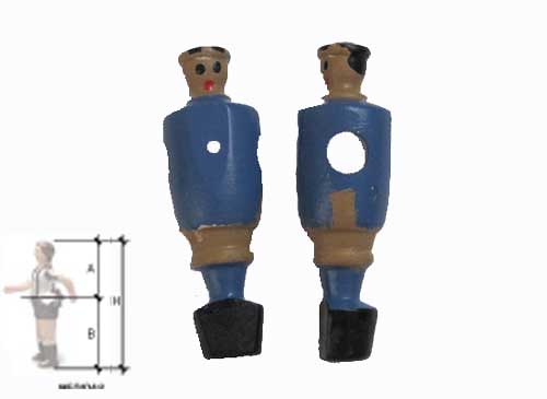 portero, muñeco, de futbolín, madera, pasador, azul, standar, medidas A= 48 mm, B= 71 mm, H= 119 mm