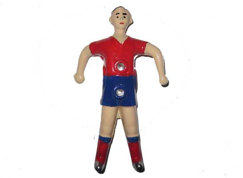 jugador, muñeco, de futbolín, aluminio, rojo, presas, val (no incluye abrazadera), medidas: A(altura cabeza-centro barra)=57mm, B(altura pies-centro barra)=73mm, H(altura total)=130mm