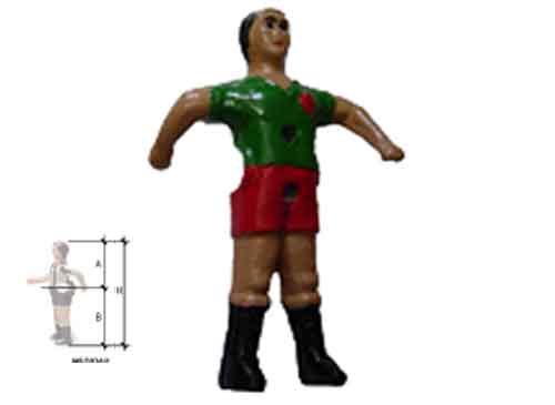 jugador, muñeco aluminio, verde, futbolin andaluz, sierra, para barra de 14mm, medidas: A(altura cabeza-centro barra)=59mm, B(altura pies-centro barra)=76mm, H(altura total)=135mm