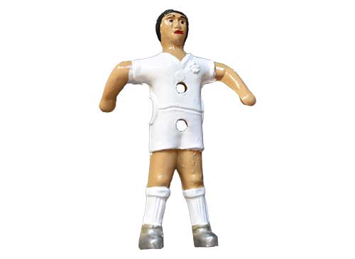 jugador, muñeco aluminio, blanco, futbolin andaluz, para barra de 14mm, medidas: A(altura cabeza-centro barra)=59mm, B(altura pies-centro barra)=76mm, H(altura total)=135mm