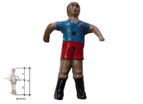 jugador, muñeco aluminio, azul, futbolin andaluz, para barra de 14mm, medidas: A(altura cabeza-centro barra)=59mm, B(altura pies-centro barra)=76mm, H(altura total)=135mm