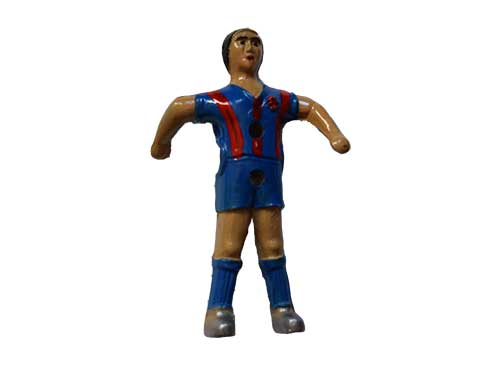 jugador, muñeco aluminio, azulgrana, futbolin andaluz,  para barra de 14mm, medidas: A(altura cabeza-centro barra)=59mm, B(altura pies-centro barra)=76mm, H(altura total)=135mm