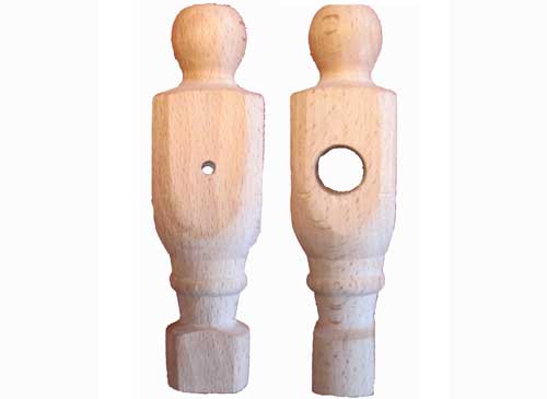 jugador, muñeco, de futbolín, madera sin pintar, para pasador, futbolín madrileño, standar, medidas A= 48 mm, B= 71 mm, H= 119 mm